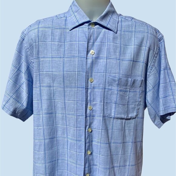 GRAYSON READE MENS SHORT SLEEVE BLUE PLAID LINEN BLEND BUTTON DOWN SHIRT MEDIUM - Picture 1 of 10